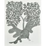 RAM SINGH URVETI (B. 1970) INDIAN GOND ARTIST, a bird beneath a tree, ink on paper, signed, 14" x