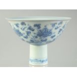 A CHINESE BLUE AND WHITE PORCELAIN STEM CUP, painted with foliate motifs, cup 15.5cm diameter.