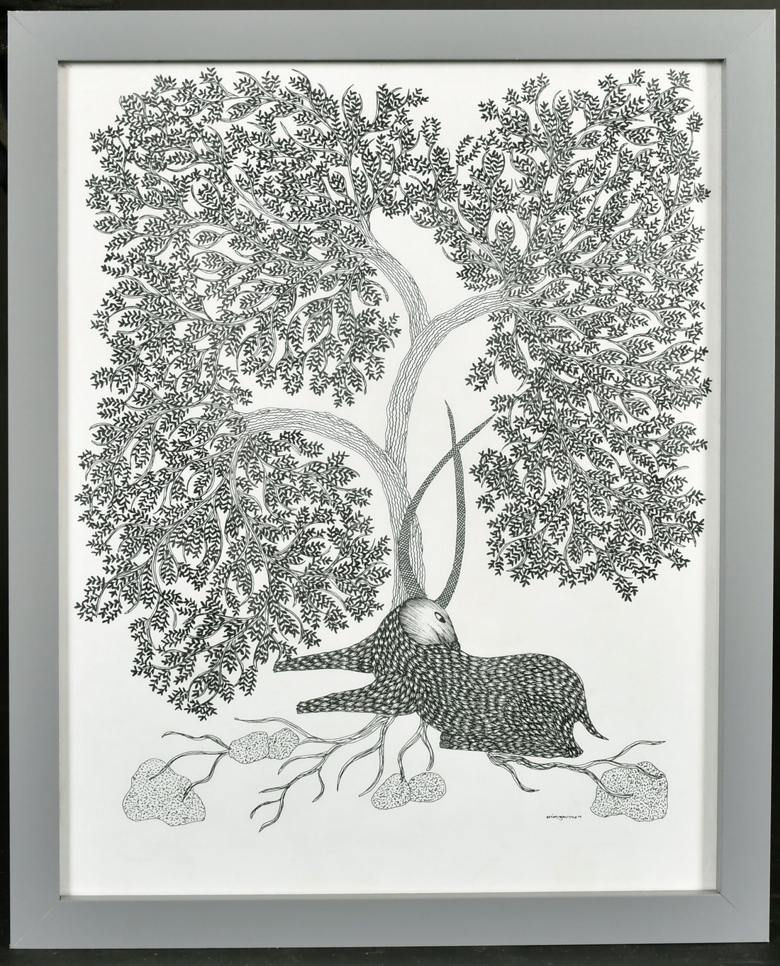 RAM SINGH URVETI (B. 1970) INDIAN GOND ARTIST, a deer sat beneath a tree, ink on paper, signed, - Image 2 of 3