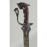 A RARE 17TH CENTURY CEYLONESE SRI LANKAN KASTANE SWORD, with carved silver mounted rhino horn handle