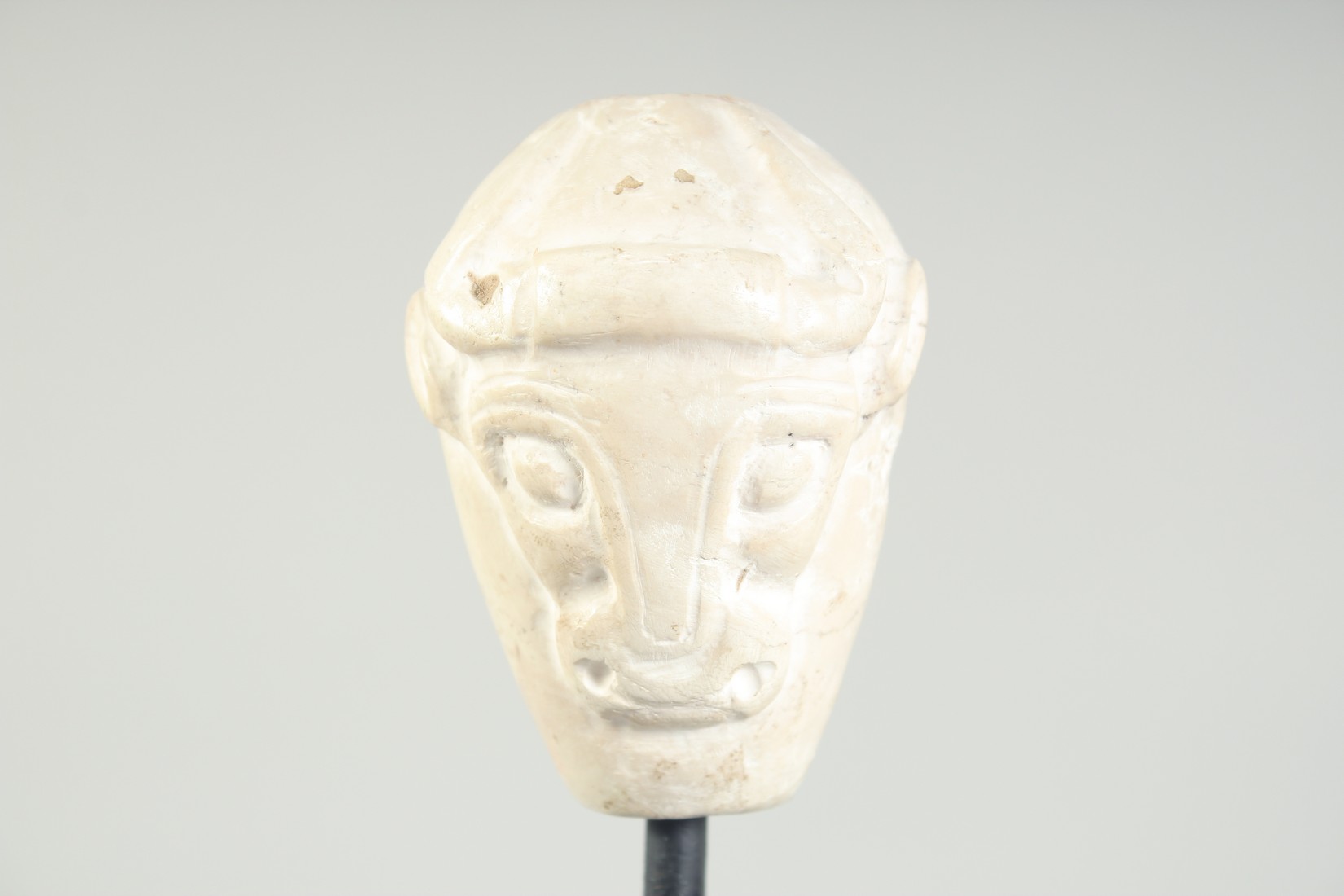 A RARE MESOPOTAMIA MASE HEAD with carved double-sided bull head, 4000 bc, raised on a purpose-made - Image 5 of 5