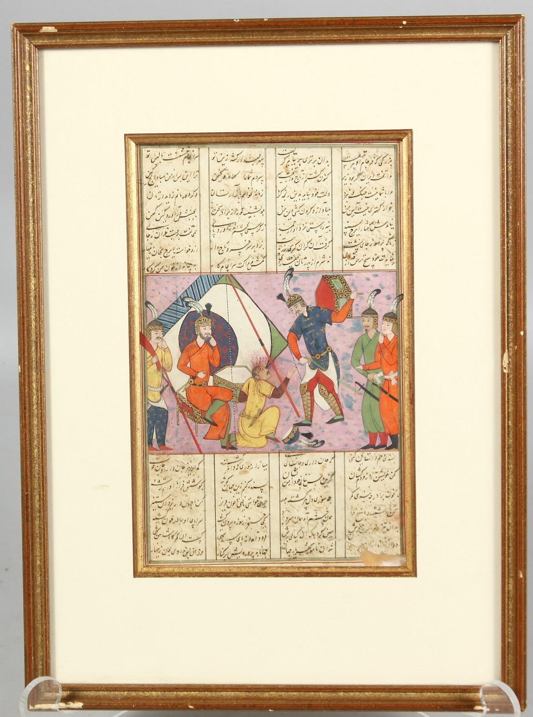 A GOOD SAFAVID MINIATURE PAINTING, depicting a punishment scene, with calligraphy top and bottom, - Image 4 of 4