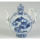 A FINE 19TH CENTURY CHINESE BLUE AND WHITE PORCELAIN MOON-SHAPE TEAPOT, painted with a mountainous