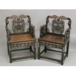 A PAIR OF 19TH CENTURY MOTHER OF PEARL INLAID HARDWOOD CHAIRS, with carved and pierced back splat