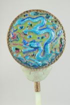 A CHINESE ENAMEL AND JADE MOUNTED HAND MIRROR, the reverse decorated with relief enamelled dragon,