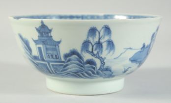 AN 18TH CENTURY CHINESE EXPORT BLUE AND WHITE PORCELAIN BOWL, painted with landscape scenes, (