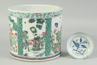 A SMALL MING DYNASTY BLUE AND WHITE DISH, (af), together with; A LARGE FAMILLE VERTE PORCELAIN BRUSH