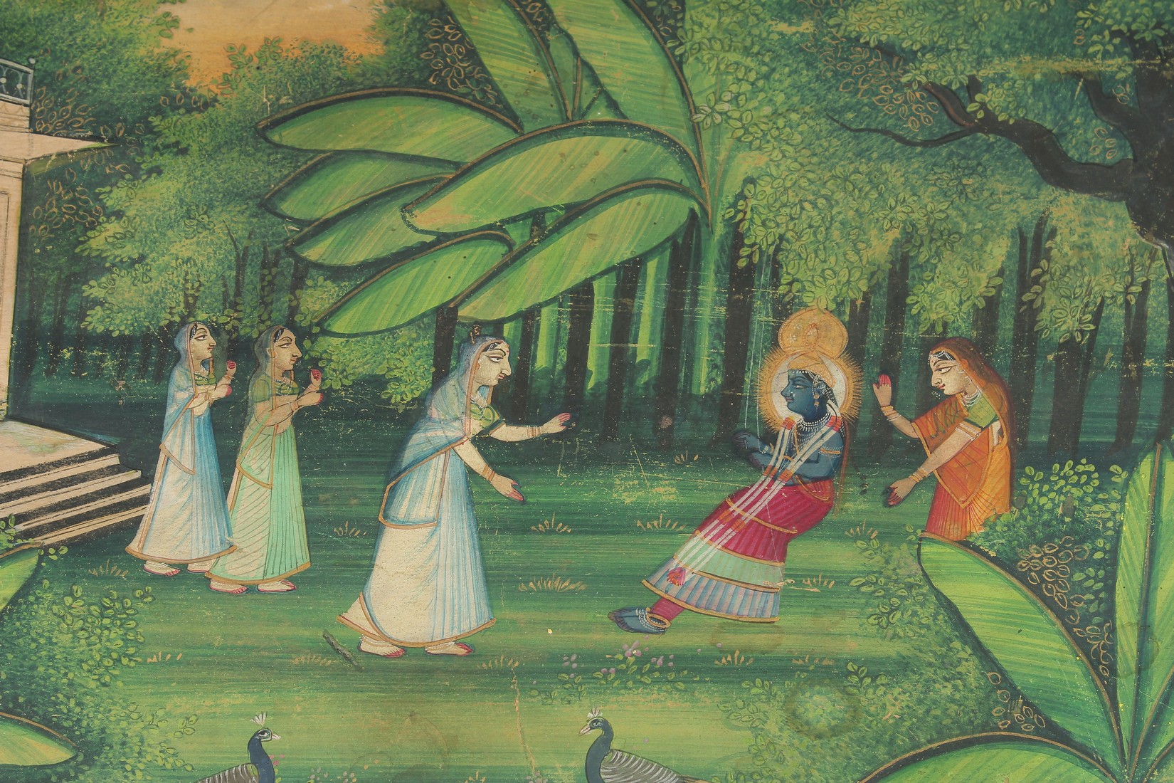 A LARGE INDIAN PAINTING ON PAPER, depicting a wooded outdoor scene with a deity and female - Image 2 of 3