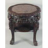 A LARGE 19TH CENTURY CHINESE MARBLE INSET CARVED HARDWOOD VASE STAND, with carved and pierced