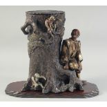 A LARGE AND FINE JAPANESE MEIJI PERIOD BRONZE AND MIXED METAL FIGURAL GROUP, formed as a tree base