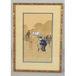 A CHINESE PAINTING ON PAPER, depicting figures, signed lower right, framed and glazed, image 32cm