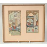 TWO FINE PERSIAN MINIATURE PAINTINGS, depicting courtyard scenes with figures, framed and glazed