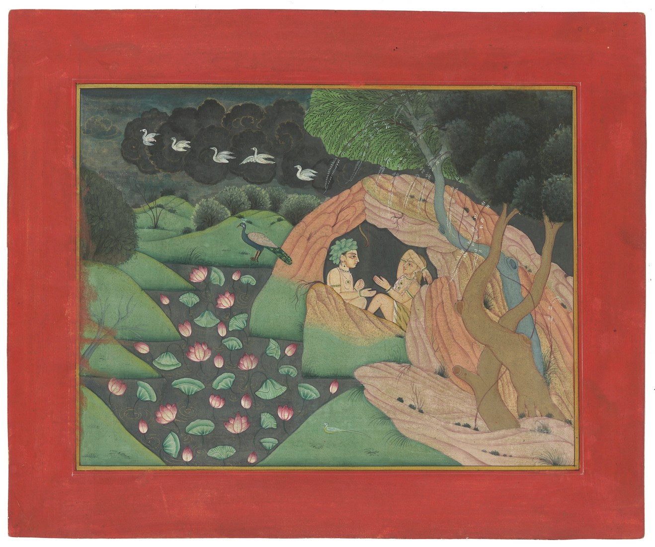 AN INDIAN MINIATURE PAINTING ON PAPER, depicting a sheltered couple in a landscape scene with a - Image 2 of 3