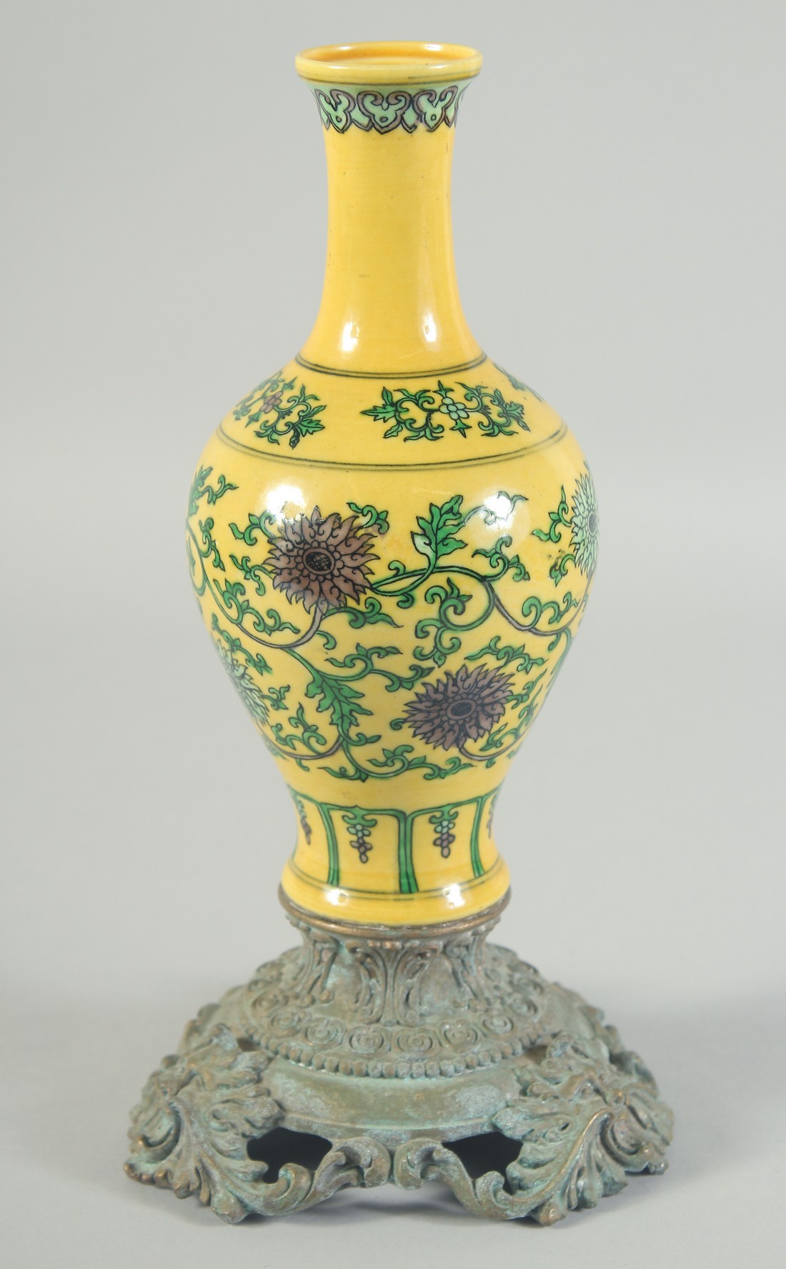 A CHINESE IMPERIAL YELLOW GROUND ENAMEL FLORAL VASE, mounted to a French bronze stand, vase base