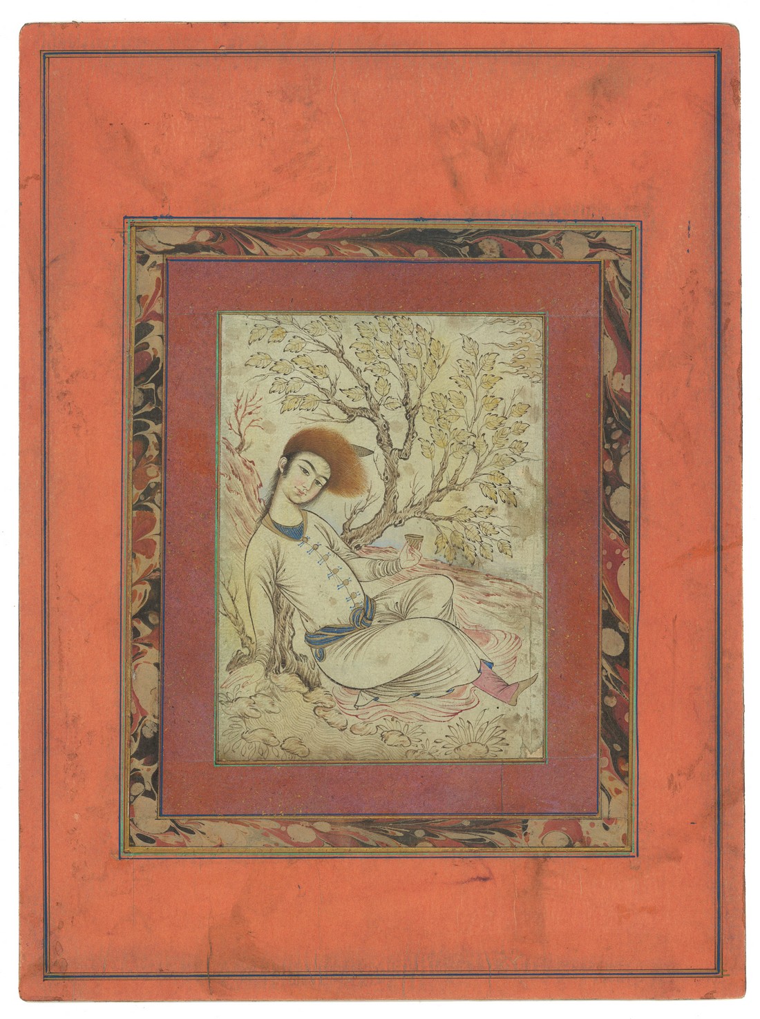 A PERSIAN MINIATURE PAINTING ON PAPER, depicting a seated figure beside a tree with marbled - Image 3 of 4