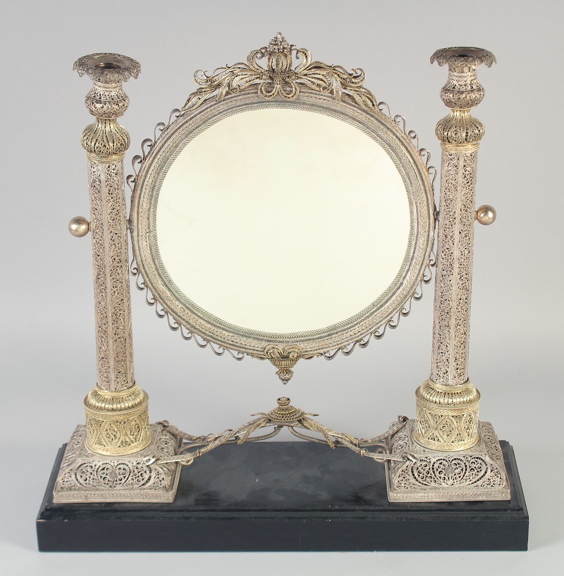 A VERY FINE AND LARGE 19TH CENTURY OTTOMAN TURKISH PARCEL GILT FILIGREE SILVER MIRROR, on a later