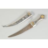 A FINE LARGE IRAQI NIELLO AND GOLD INLAID SILVER DAGGER, 35.5cm long.