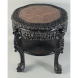 A LARGE 19TH CENTURY CHINESE MARBLE INSET CARVED HARDWOOD VASE STAND, with carved and pierced