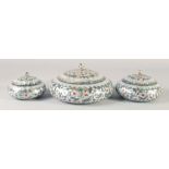 THREE MOTHER OF PEARL AND ABALONE OVERLAID WOODEN LIDDED CIRCULAR BOXES, graduating sizes, largest