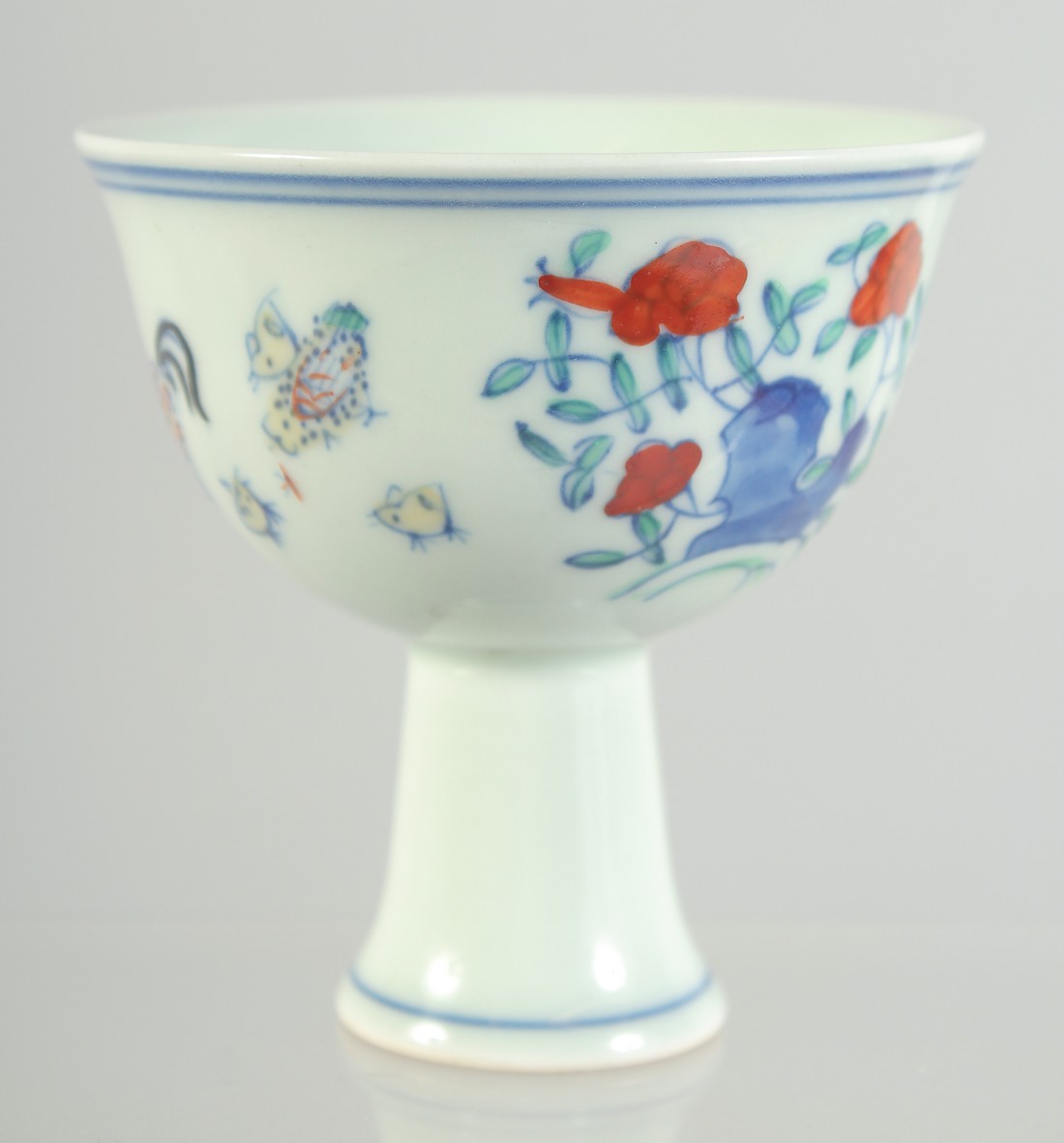 A CHINESE DOUCAI PORCELAIN CHICKEN STEM CUP, six-character mark to inner foot rim, 8.5cm high. - Image 3 of 5