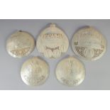 A COLLECTION OF FIVE JERUSALEM CARVED MOTHER OF PEARL SHELL PLAQUES, various sizes, largest 15.5cm x