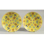 A PAIR OF CHINESE YELLOW GROUND PORCELAIN BUTTERFLY DISHES, each with four-character mark to base,