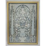 A GOOD LARGE ISLAMIC METAL THREAD EMBROIDERED PICTURE, depicting a hanging vase with stylised