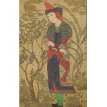 A FINE LARGE PERSIAN PAINTING ON PAPER, depicting a standing figure in tradition attire, the robes