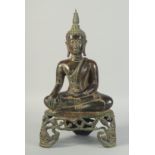 A FINE LARGE SOUTH EAST ASIAN BRONZE SEATED BUDDHA, possibly Thai, raised on openwork base, 45cm