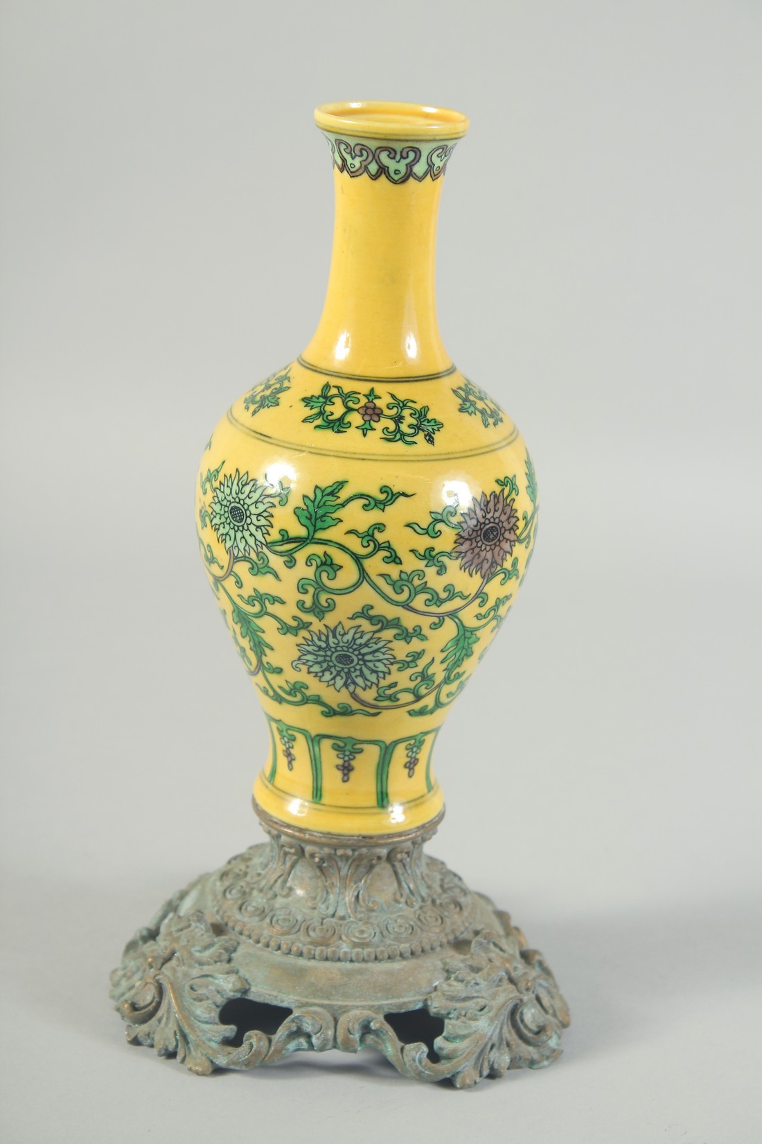 A CHINESE IMPERIAL YELLOW GROUND ENAMEL FLORAL VASE, mounted to a French bronze stand, vase base - Image 3 of 5