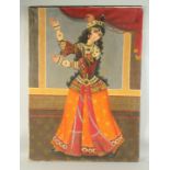 A QAJAR OIL PAINTING ON CANVASS of a female dancer with bells on her fingers, on wooden stretcher -