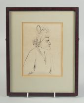A MIDDLE EASTERN INK PORTRAIT ON PAPER, signed lower right, framed and glazed, image 17cm x 12.5cm.