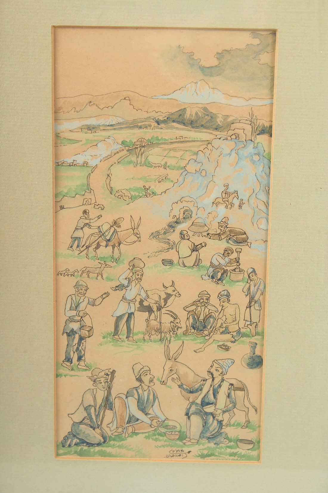 A PAIR OF MIDDLE EASTERN ILLUSTRATIONS ON PAPER, each depicting various figures and animals in a - Image 2 of 5