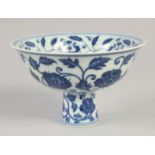 A CHINESE BLUE AND WHITE PORCELAIN STEM BOWL, with foliate decoration all over, six-character mark