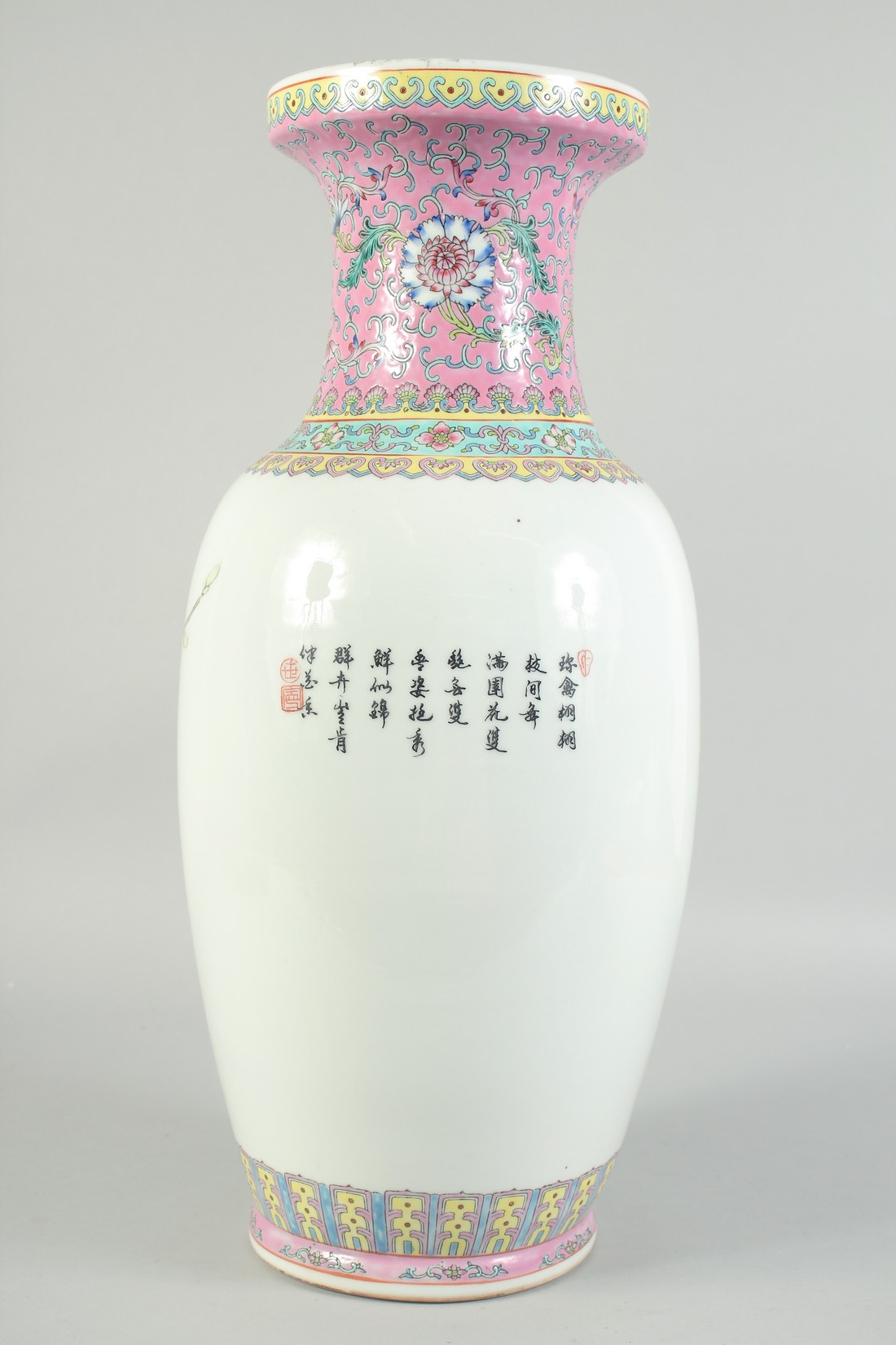 A CHINESE PORCELAIN REPUBLIC VASE with birds and calligraphy. 19ins high. - Image 3 of 5