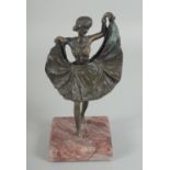 AN AUSTRIAN COLD PAINTED BRONZE GIRL lifting her skirt, on a square base. 6ins high.