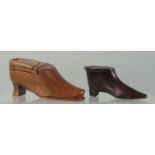TWO TREEN SHOE SNUFF BOXES. 4ins & 3ins long.