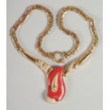 M. HAGOPIAN. A SUPERB 18K YELLOW GOLD DIAMOND AND CORAL SET NECKLACE. 95gms in a leather pouch,