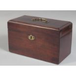 A GEORGE III MAHOGANY THREE DIVISION TEA CADDY 9ins long.