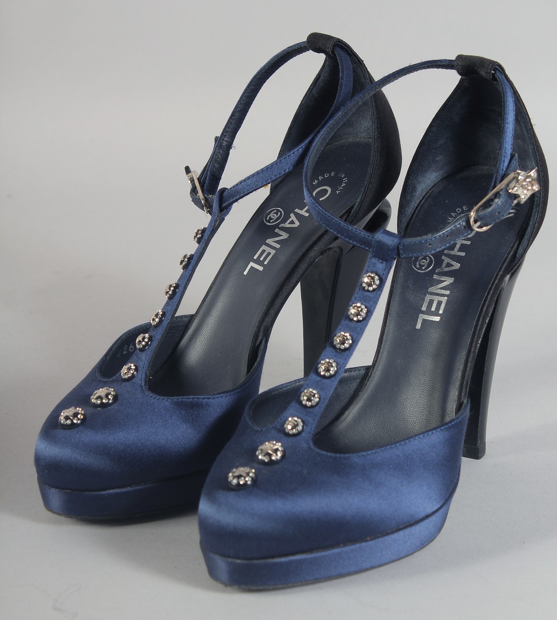 A PAIR OF CHANEL BLUE SATIN SHOES with diamantes. Size 37.