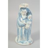 A GOOD 18TH CENTURY FRENCH BLUE AND WHITE MADONNA AND CHILD VASE. 8.5ins high.