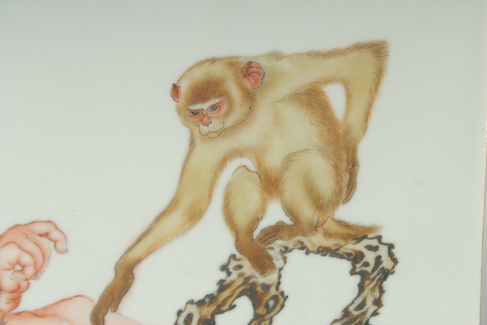 A LARGE CHINESE PORCELAIN PLAQUE, painted with a monk and monkey, inscribed, with two red seals, - Image 3 of 4