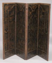 A VERY GOOD TOLEDO FOUR FOLD LEATHER SCREEN with panels of birds and foliage. 5ft high, 5ft 4ins