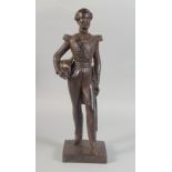AN EARLY 19TH CENTURY FRENCH CAST IRON STANDING FIGURE "DUC D' ORLEANS", on a square base.