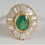 A VERY GOOD 18CT GOLD BAGUETTE AND EMERALD BALLERINA RING with central emerald.