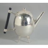 A LARGE CHRISTOPHER DRESSER STYLE, SILVER PLATED EGG SHAPED TEA POT. 4ins diameter.