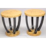 A GOOD PAIR OF DECO DESIGN CIRCULAR TOP TABLES. 1ft 11ins diameter.