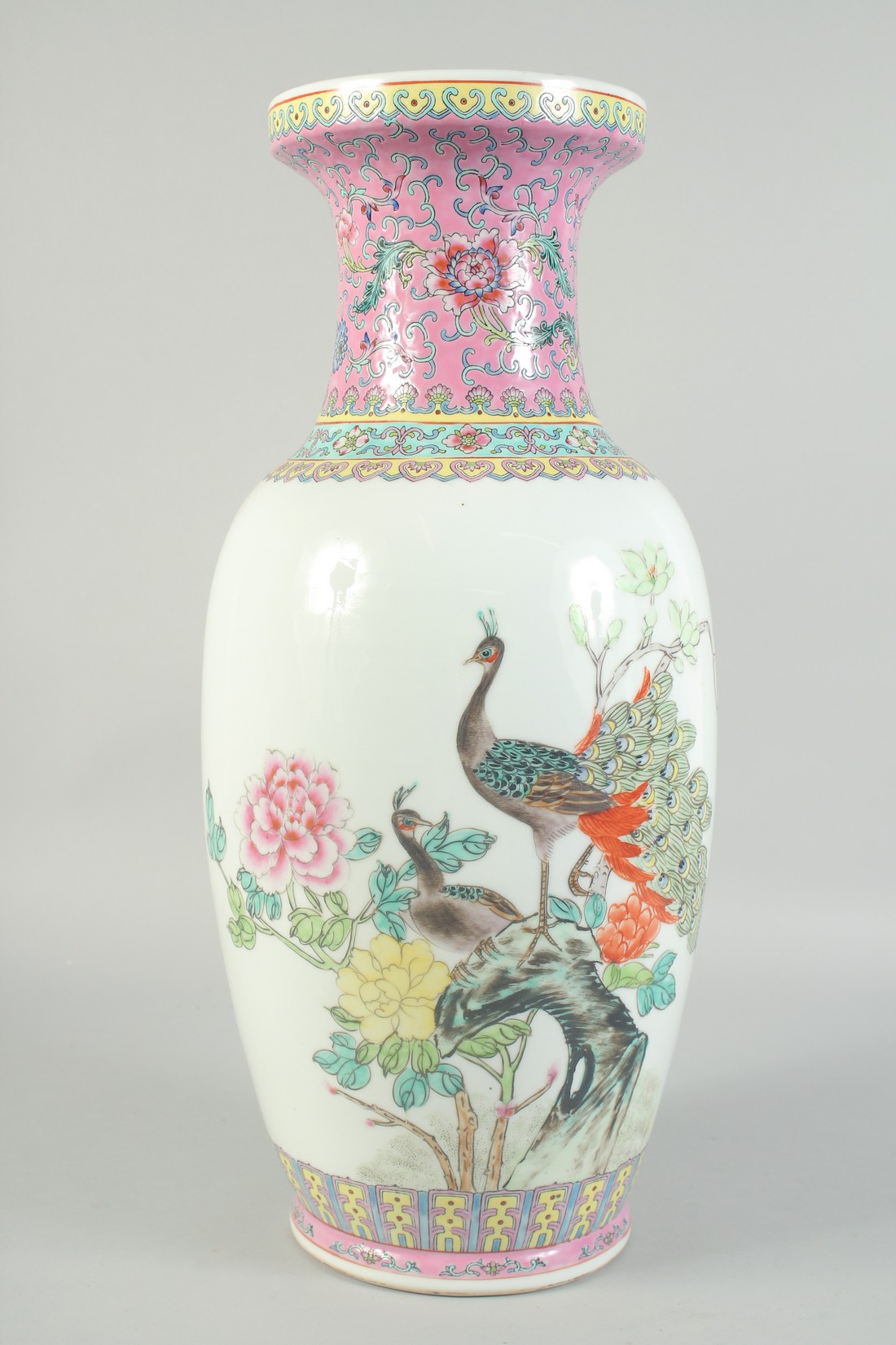 A CHINESE PORCELAIN REPUBLIC VASE with birds and calligraphy. 19ins high.