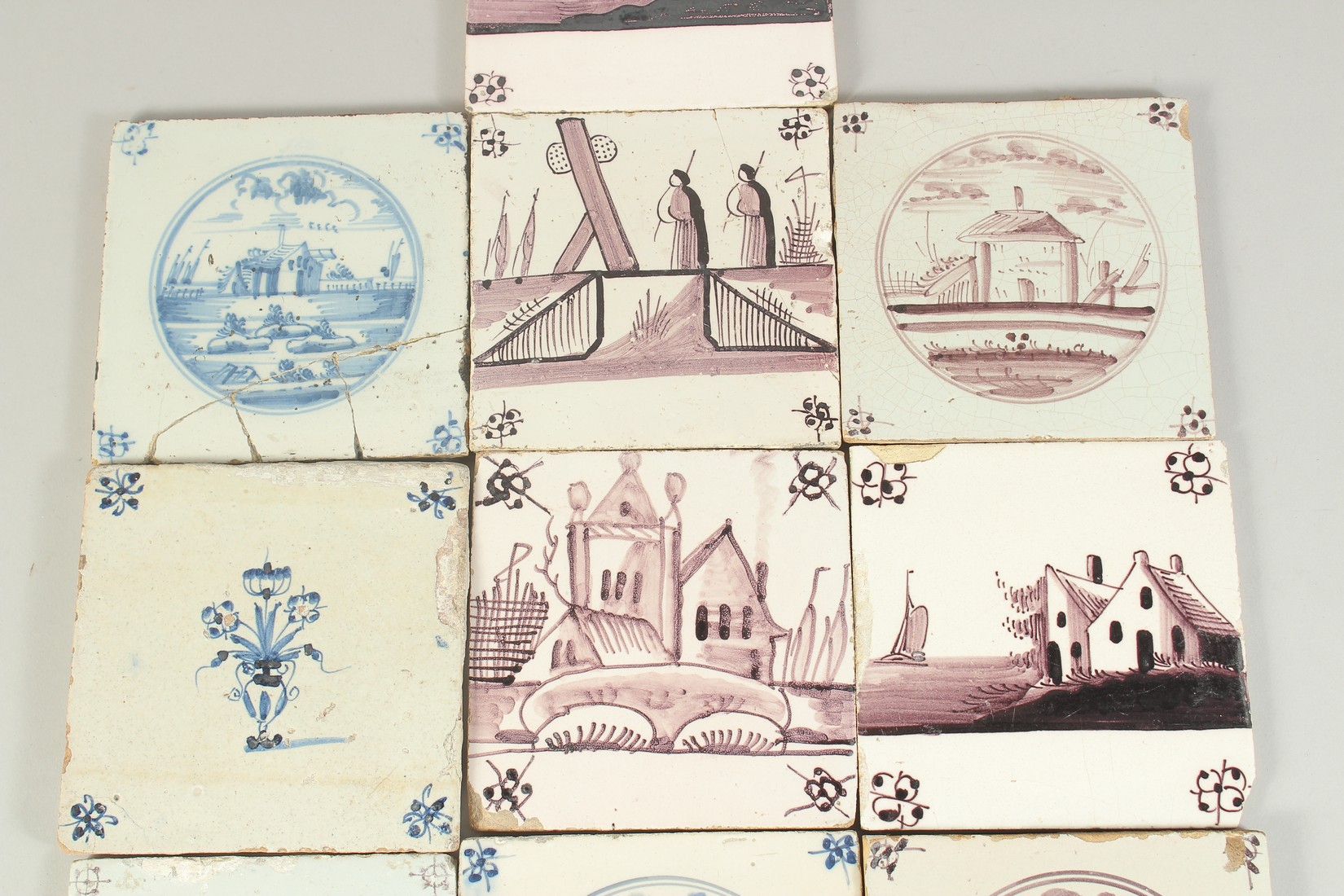 A COLLECTION OF TEN EARLY DELFT MANGANESE AND BLUE AND WHITE TILES. 13cm x 13cm. - Image 3 of 5