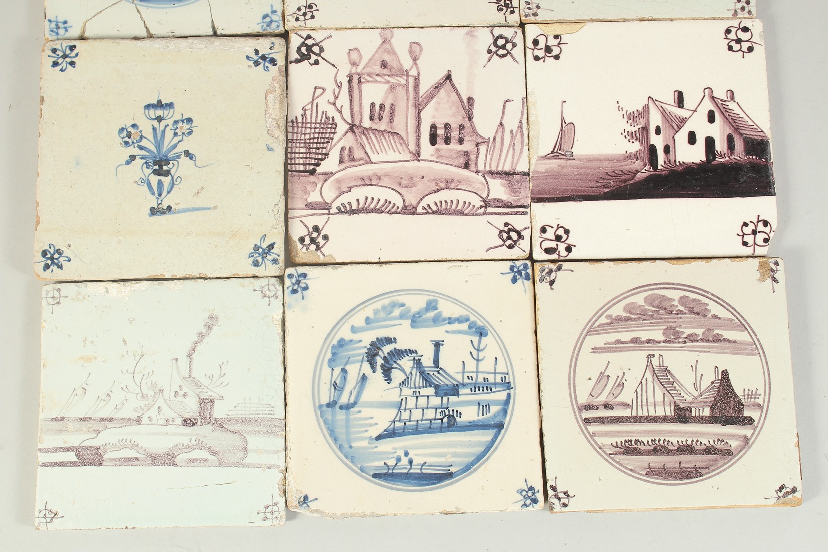 A COLLECTION OF TEN EARLY DELFT MANGANESE AND BLUE AND WHITE TILES. 13cm x 13cm. - Image 4 of 5